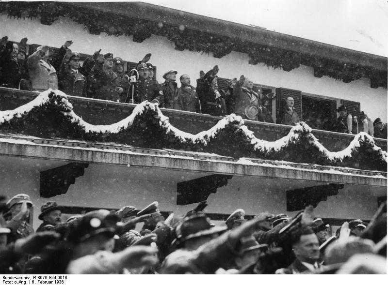 Chancellor Hitler saluting the athletes from balcony of the Olympic House during opening ceremony of the IV Olympic Winter Games, Garmisch-Partenkirchen